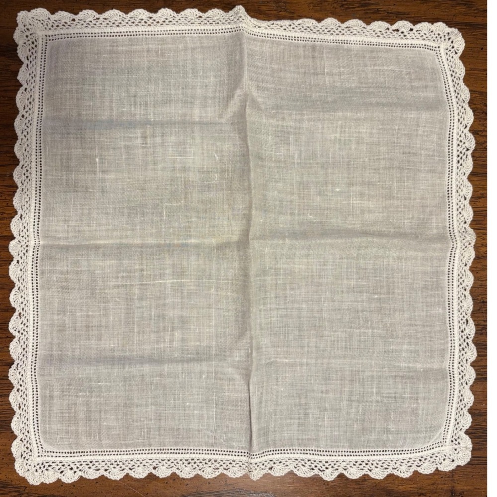 Vintage White Crochet Lace Trim Hemstitch Linen Handkerchief